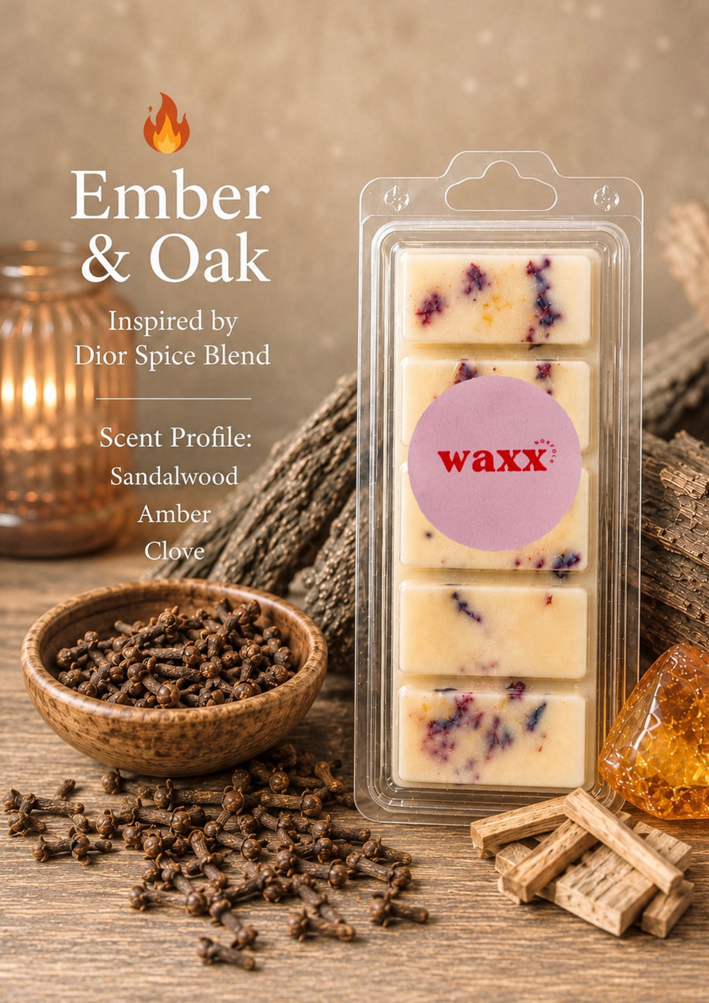 Packaged wax melts with 'waxx' branding on a wooden surface with spices and a candle.
