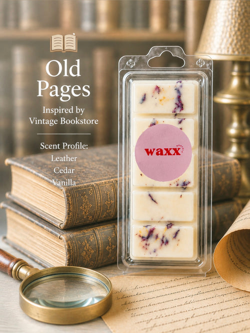 Packaged wax melts inspired by vintage bookstore with 'waxx' branding.