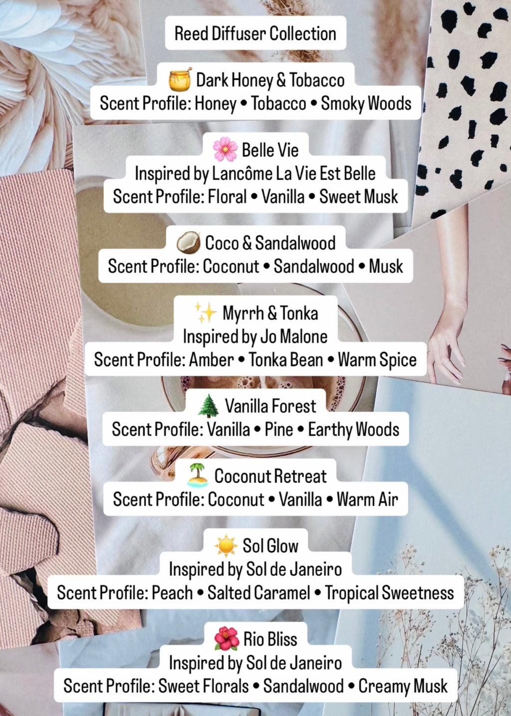 List of scented reed diffusers with brand names and scent profiles.