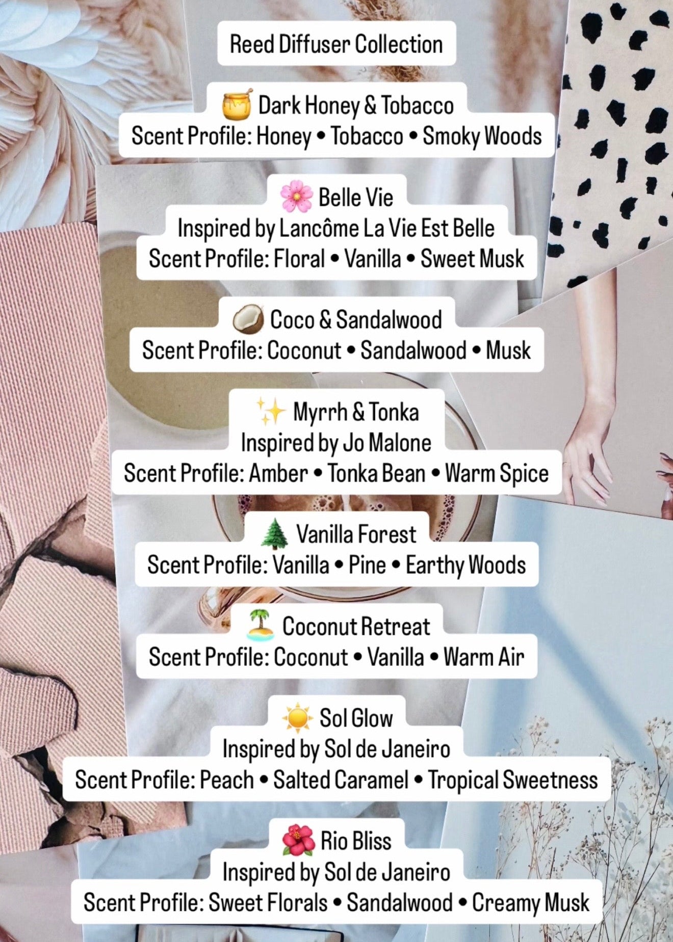 List of scented reed diffusers with brand names and scent profiles.