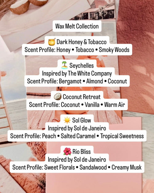 Wax melt collection with product names and scents on a textured surface.